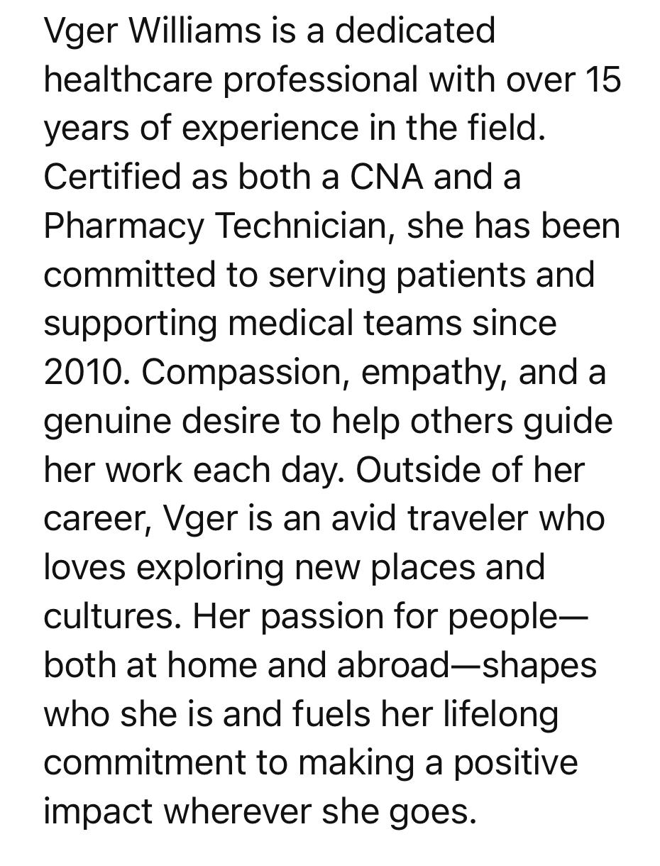 Vger Williams - Healthcare Professional - CNA & Pharmacy Technician
